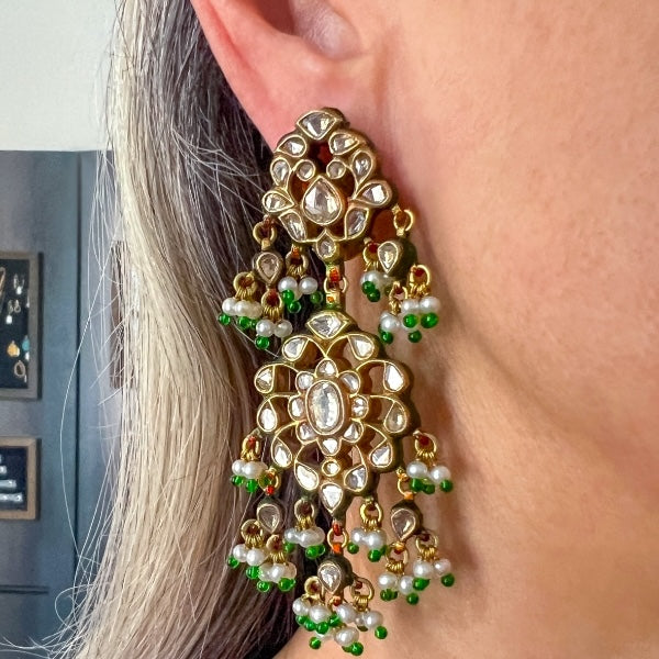 Vintage Indian Rose Cut Diamond, Pearl, and Enamel Drop Earrings, from Doyle & Doyle antique and vintage jewelry boutique