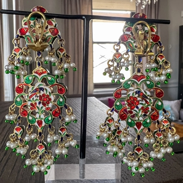 Vintage Indian Rose Cut Diamond, Pearl, and Enamel Drop Earrings, from Doyle & Doyle antique and vintage jewelry boutique