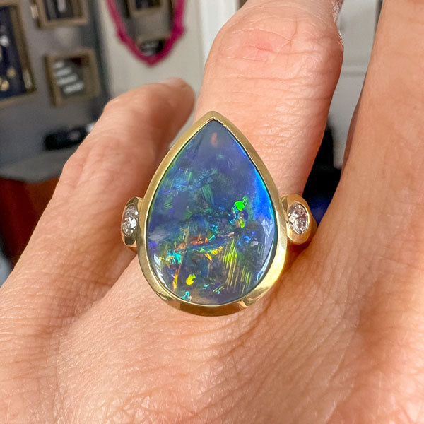 Vintage Pear Shaped Black Opal & Diamond Ring sold by Doyle and Doyle an antique and vintage jewelry boutique