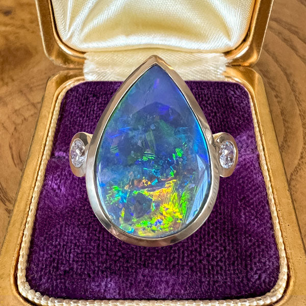 Vintage Pear Shaped Black Opal & Diamond Ring sold by Doyle and Doyle an antique and vintage jewelry boutique