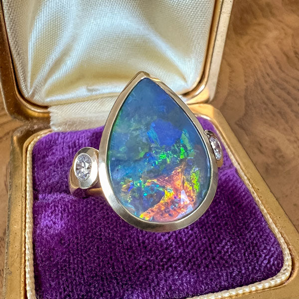 Vintage Pear Shaped Black Opal & Diamond Ring sold by Doyle and Doyle an antique and vintage jewelry boutique