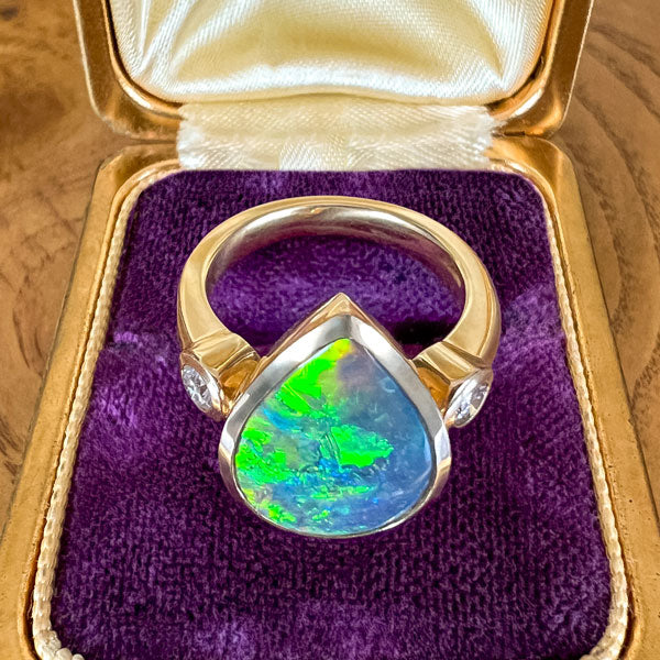 Vintage Pear Shaped Black Opal & Diamond Ring sold by Doyle and Doyle an antique and vintage jewelry boutique