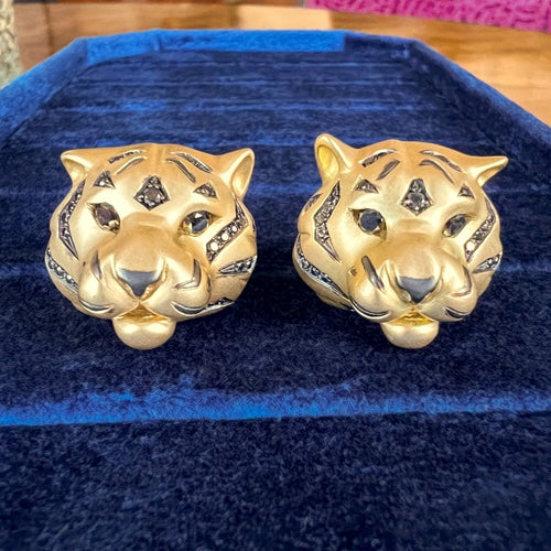 Vintage Gold and Black Diamond Tiger Earrings, from Doyle & Doyle antique and vintage jewelry boutique