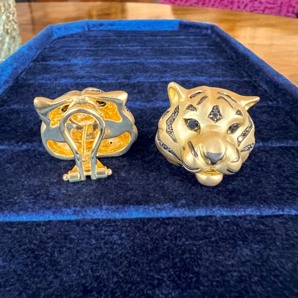 Vintage Gold and Black Diamond Tiger Earrings, from Doyle & Doyle antique and vintage jewelry boutique