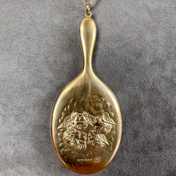 Antique Edwardian Gold Hand Mirror Pendant with angels, sold by Doyle & Doyle antique and vintage jewelry boutique