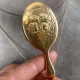 Antique Edwardian Gold Hand Mirror Pendant with angels, sold by Doyle & Doyle antique and vintage jewelry boutique