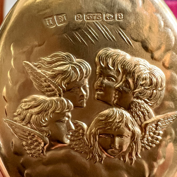 Antique Edwardian Gold Hand Mirror Pendant with angels, sold by Doyle & Doyle antique and vintage jewelry boutique