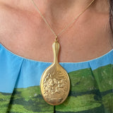 Antique Edwardian Gold Hand Mirror Pendant with angels, sold by Doyle & Doyle antique and vintage jewelry boutique