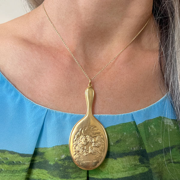 Antique Edwardian Gold Hand Mirror Pendant with angels, sold by Doyle & Doyle antique and vintage jewelry boutique