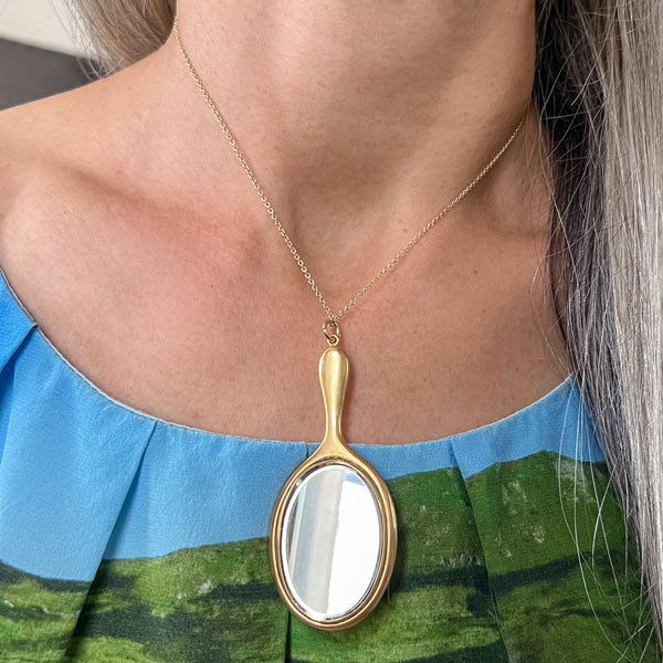 Antique Edwardian Gold Hand Mirror Pendant with angels, sold by Doyle & Doyle antique and vintage jewelry boutique