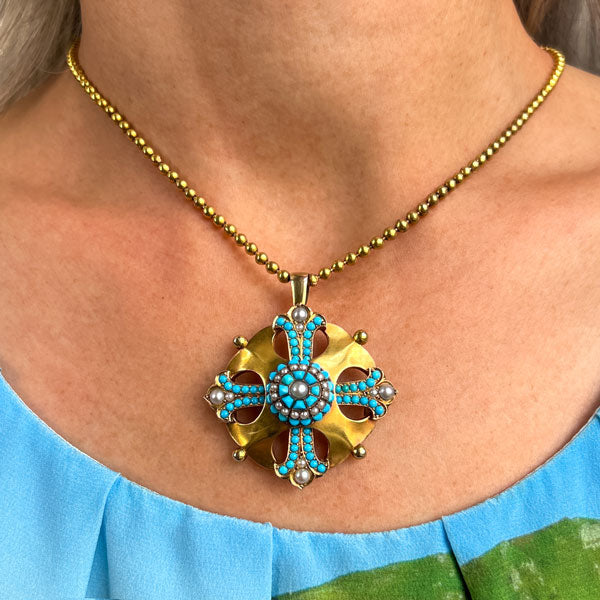 Antique Victorian Turquoise & Pearl Pendant, sold by Doyle & Doyle an antique and vintage jewelry boutique