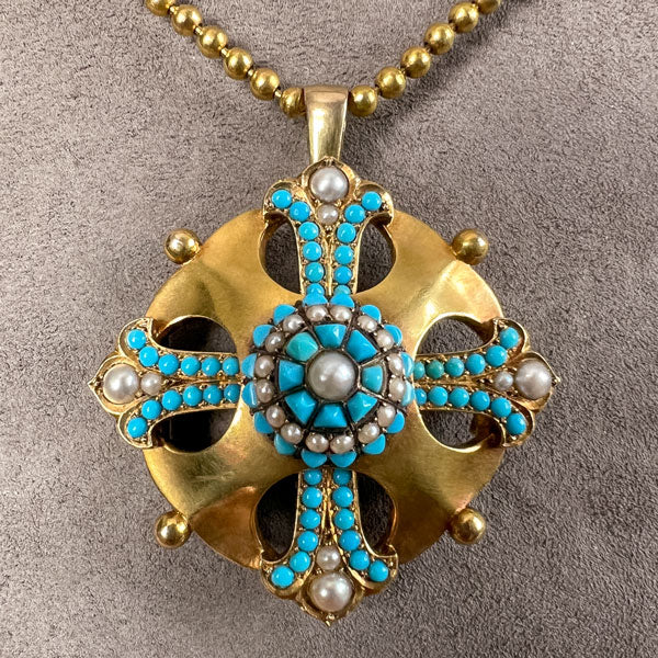 Antique Victorian Turquoise & Pearl Pendant, sold by Doyle & Doyle an antique and vintage jewelry boutique