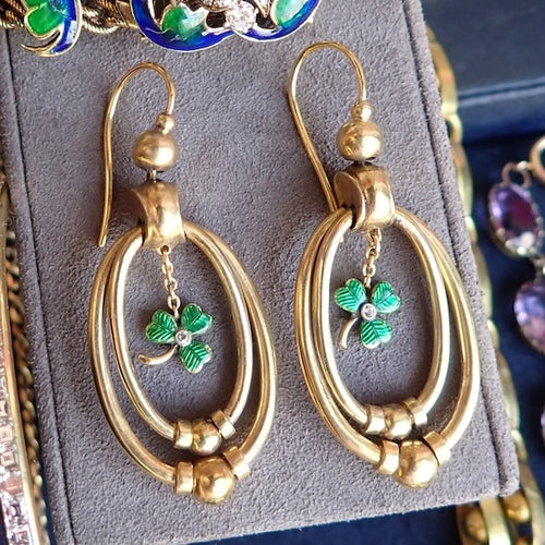 Victorian Green Enamel Shamrock Earrings with Diamonds in gold, from Doyle & Doyle an antique and vintage jewelry boutique