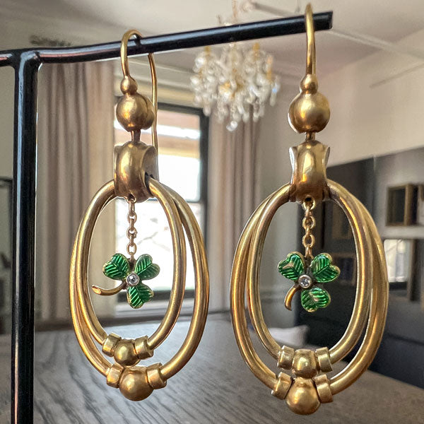Victorian Green Enamel Shamrock Earrings with Diamonds in gold, from Doyle & Doyle an antique and vintage jewelry boutique