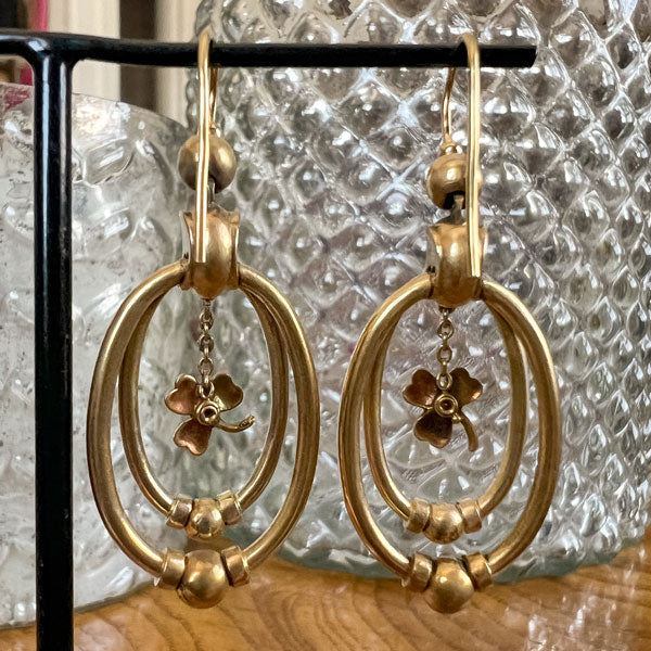 Victorian Green Enamel Shamrock Earrings with Diamonds in gold, from Doyle & Doyle an antique and vintage jewelry boutique