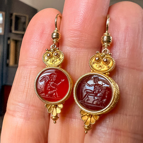 Victorian Etruscan Revival Carnelian Intaglio Earrings, depicting the Devil & Angel, sold by Doyle & Doyle an antique and vintage jewelry boutique