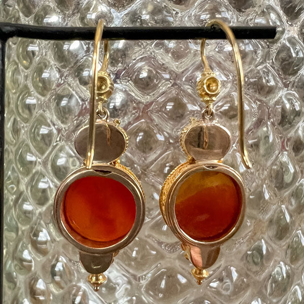 Victorian Etruscan Revival Carnelian Intaglio Earrings, depicting the Devil & Angel, sold by Doyle & Doyle an antique and vintage jewelry boutique