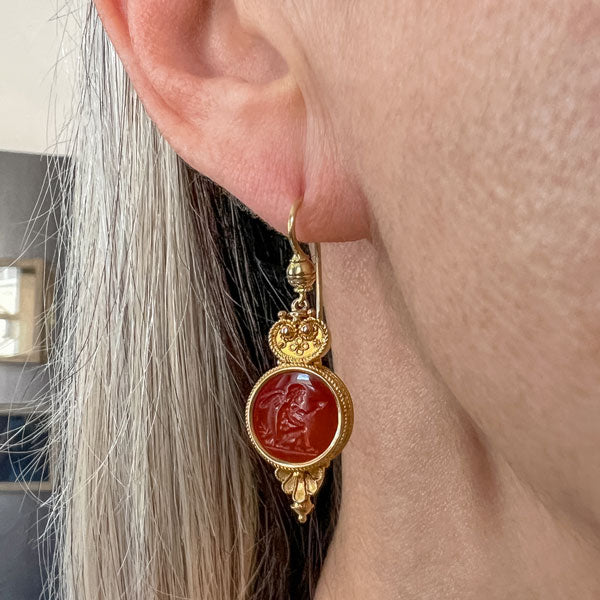 Victorian Etruscan Revival Carnelian Intaglio Earrings, depicting the Devil & Angel, sold by Doyle & Doyle an antique and vintage jewelry boutique