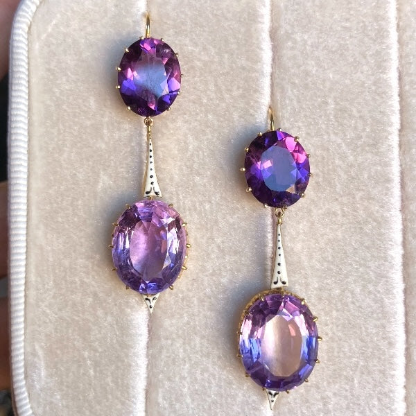 Antique Edwardian Amethyst & Enamel Drop Earrings, from Doyle & Doyle antique and vintage jewelry boutique