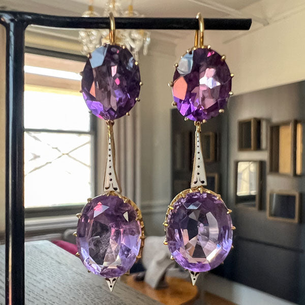 Antique Edwardian Amethyst & Enamel Drop Earrings sold by Doyle and Doyle an antique and vintage jewelry boutique