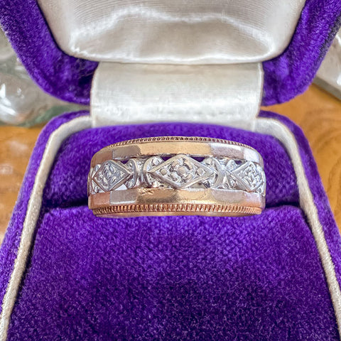 Vintage Wide Patterned Two Toned Gold Wedding Band Ring, Size 9 sold by Doyle and Doyle an antique and vintage jewelry boutique