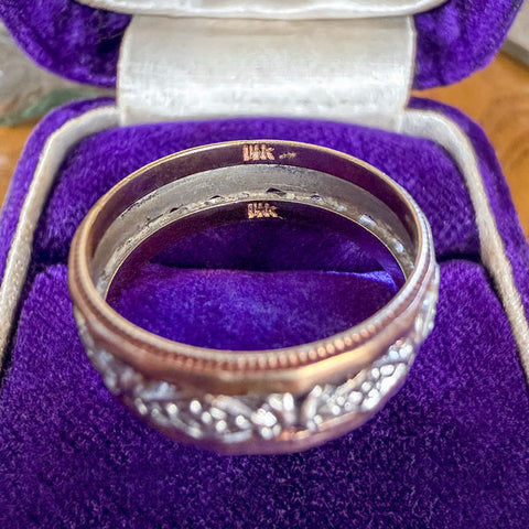 Vintage Wide Patterned Two Toned Gold Wedding Band Ring, Size 9 sold by Doyle and Doyle an antique and vintage jewelry boutique