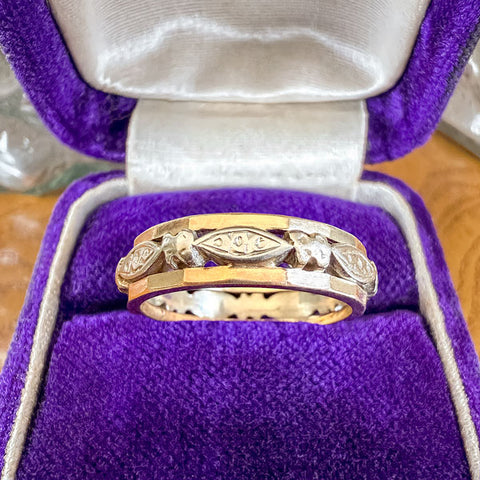 Vintage Wide Patterned Wedding Band Ring, Size 7 sold by Doyle and Doyle an antique and vintage jewelry boutique