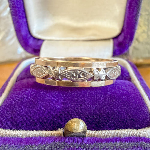 Vintage Wide Patterned Wedding Band Ring, Size 7 sold by Doyle and Doyle an antique and vintage jewelry boutique