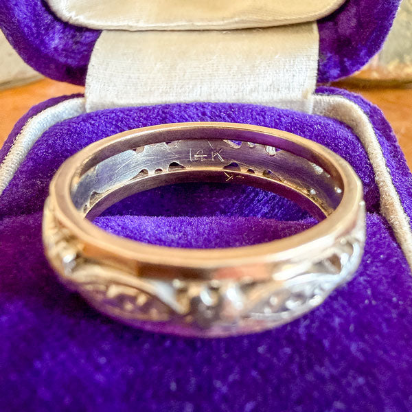 Vintage Wide Patterned Wedding Band Ring, Size 7 sold by Doyle and Doyle an antique and vintage jewelry boutique