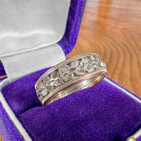Vintage Wide Patterned Wedding Band Ring, Size 7 sold by Doyle and Doyle an antique and vintage jewelry boutique