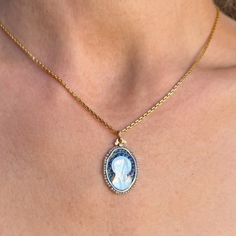 Art Nouveau Mother of Pearl and Plique-à-jour Enamel Pendant, sold by Doyle & Doyle an antique and vintage jewelry boutique