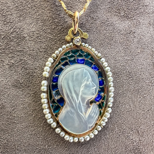 Art Nouveau Mother of Pearl and Plique-à-jour Enamel Pendant, sold by Doyle & Doyle an antique and vintage jewelry boutique