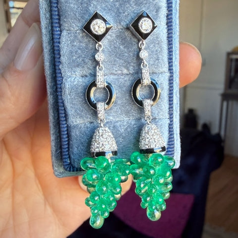 Vintage Emerald Bead, Diamond, and Black Enamel Bead Earrings, sold by Doyle and Doyle an antique and vintage jewelry boutique