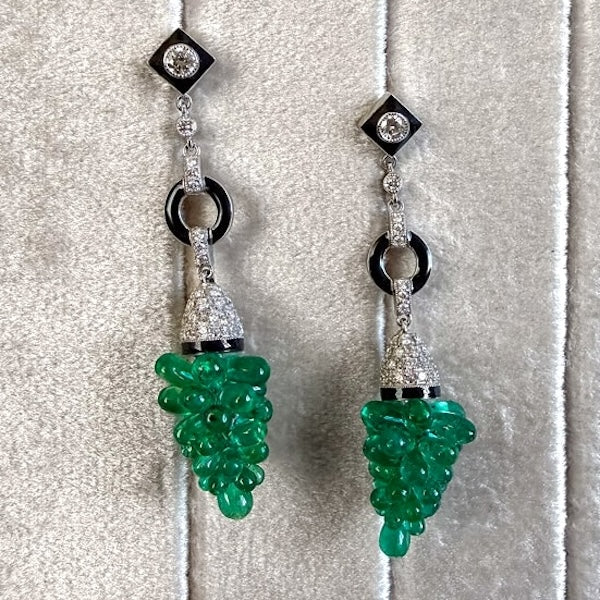 Vintage Emerald Bead, Diamond, and Black Enamel Bead Earrings, sold by Doyle and Doyle an antique and vintage jewelry boutique