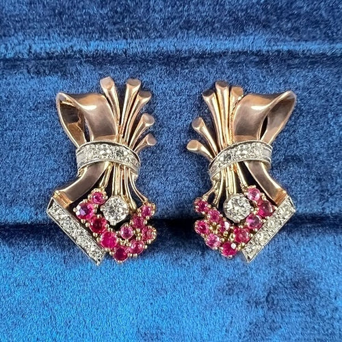 Retro 1940s Ruby & Diamond Earrings, sold by Doyle and Doyle an antique and vintage jewelry boutique