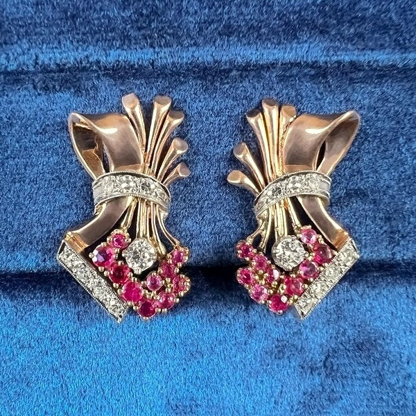 Retro 1940s Ruby & Diamond Earrings, sold by Doyle and Doyle an antique and vintage jewelry boutique