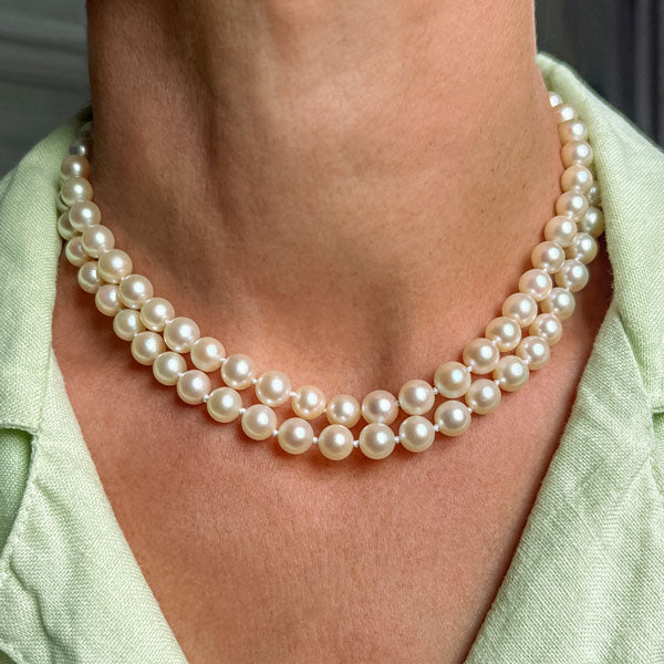 Vintage Double Strand Pearl Necklace with Diamond Clasp sold by Doyle and Doyle an antique and vintage jewelry boutique