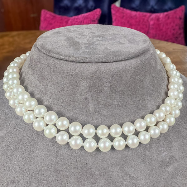 Vintage Double Strand Pearl Necklace with Diamond Clasp sold by Doyle and Doyle an antique and vintage jewelry boutique