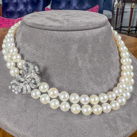 Vintage Double Strand Pearl Necklace with Diamond Clasp