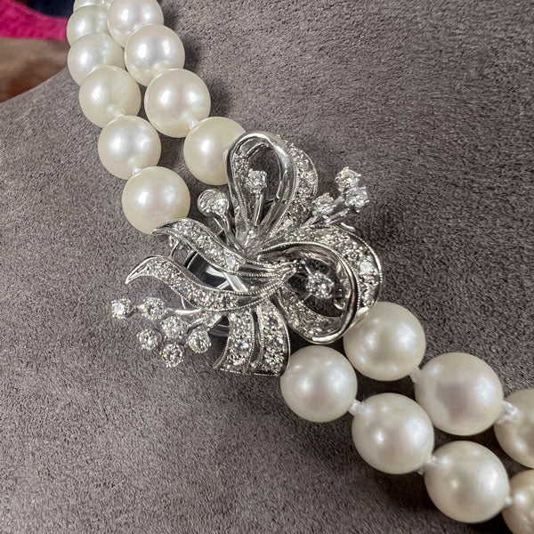 Vintage Double Strand Pearl Necklace with Diamond Clasp sold by Doyle and Doyle an antique and vintage jewelry boutique