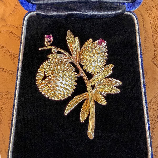 Vintage Ruby & Diamond Opening Seed Pod Pin in yellow gold, sold by Doyle & Doyle antique and vintage jewelry boutique