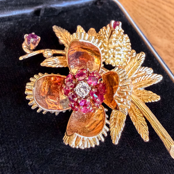 Vintage Ruby & Diamond Opening Seed Pod Pin in yellow gold, sold by Doyle & Doyle antique and vintage jewelry boutique