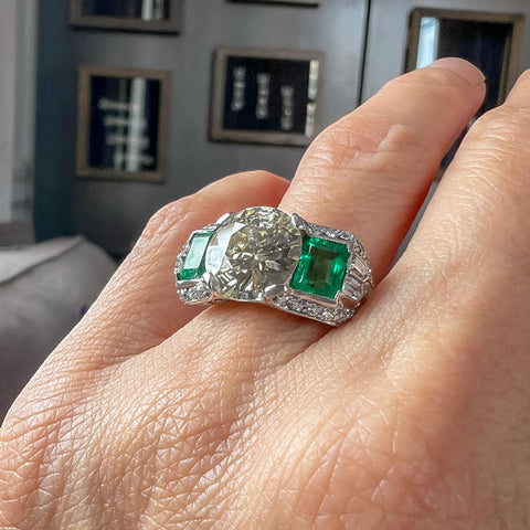 Art Deco Diamond & Emerald Engagement Ring, Old Euro 4.06ct. sold by Doyle and Doyle an antique and vintage jewelry boutique