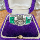 Art Deco Diamond & Emerald Engagement Ring, Old Euro 4.06ct. sold by Doyle and Doyle an antique and vintage jewelry boutique