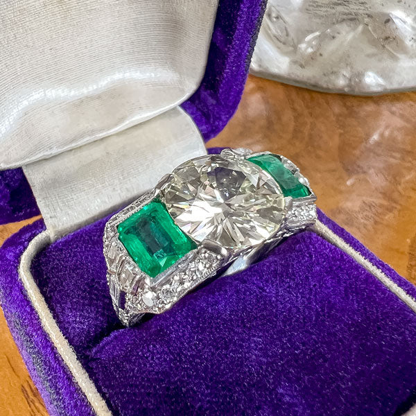 Art Deco Diamond & Emerald Engagement Ring, Old Euro 4.06ct. sold by Doyle and Doyle an antique and vintage jewelry boutique