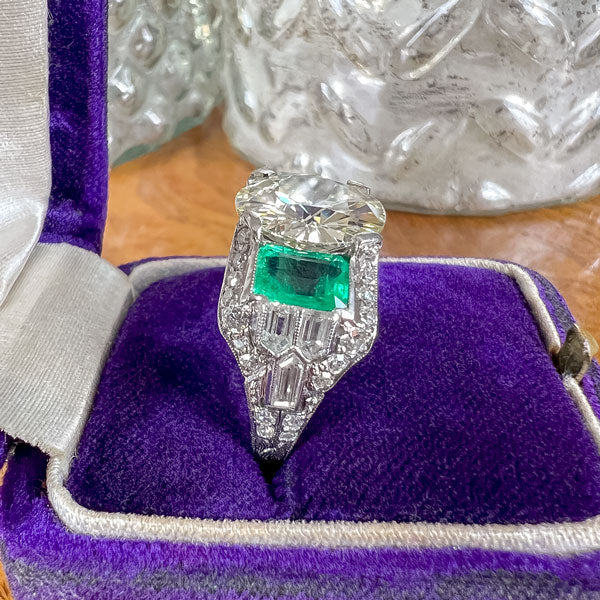 Art Deco Diamond & Emerald Engagement Ring, Old Euro 4.06ct. sold by Doyle and Doyle an antique and vintage jewelry boutique