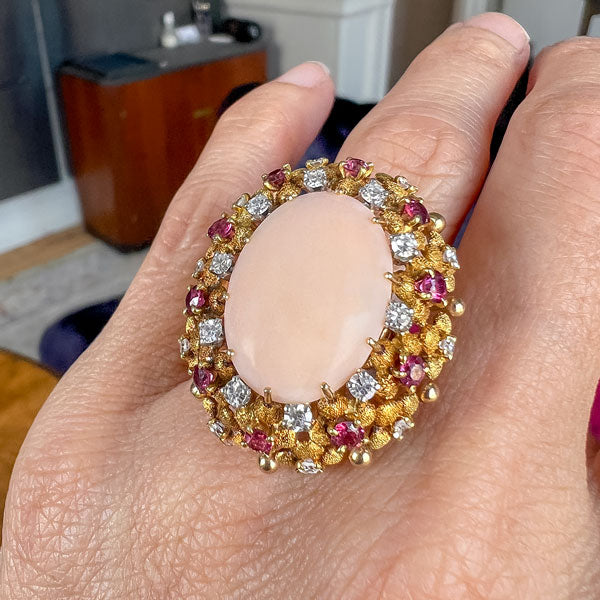 1940s Retro Moderne Coral, Ruby & Diamond Ring, sold by Doyle & Doyle an antique and vintage jewelry boutique