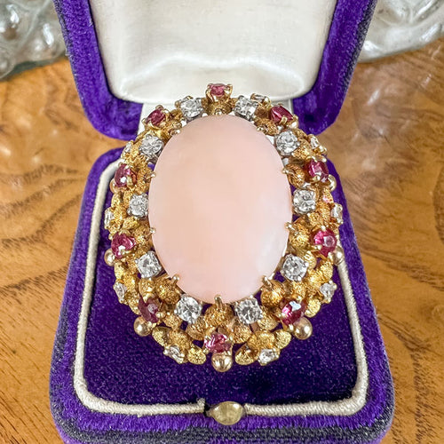 1940s Retro Moderne Coral, Ruby & Diamond Ring, sold by Doyle & Doyle an antique and vintage jewelry boutique