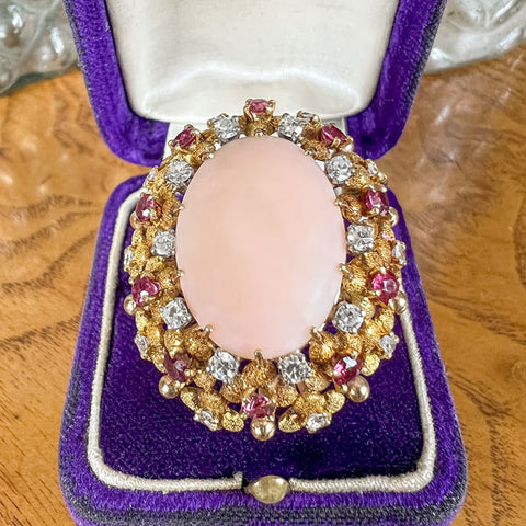 1940s Retro Moderne Coral, Ruby & Diamond Ring, sold by Doyle & Doyle an antique and vintage jewelry boutique