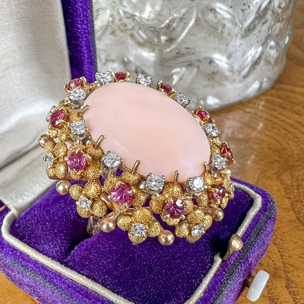 1940s Retro Moderne Coral, Ruby & Diamond Ring, sold by Doyle & Doyle an antique and vintage jewelry boutique